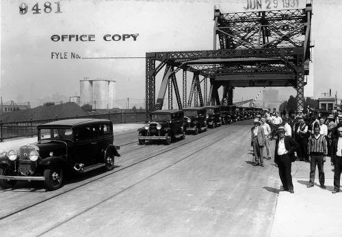 Ship channel bridge black and white image from the past