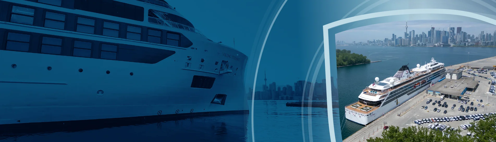 Closeup of a cruise ship at port and an aerial shot of a cruise ship at port
