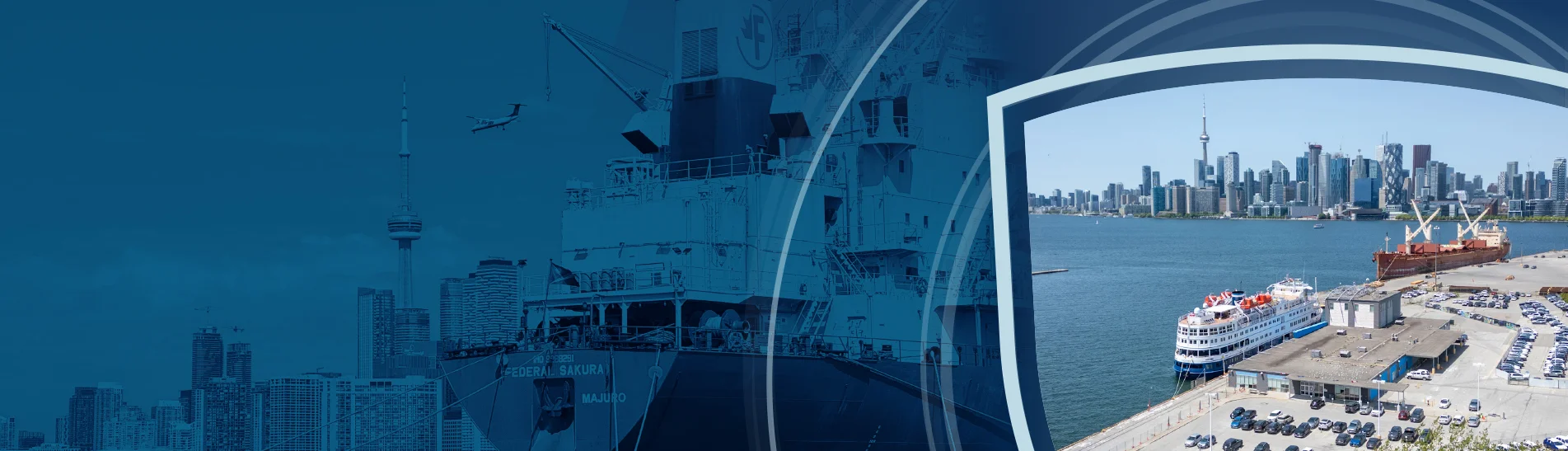 Close up of a ship at port as well as an aerial shot of the port area