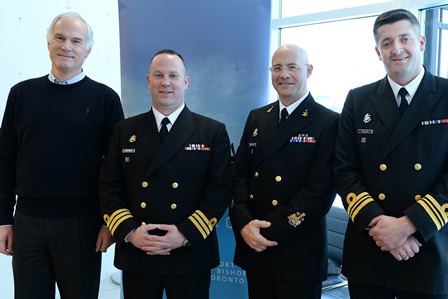 On Sunday, February 8, the Toronto Port Authority CEO Geoffrey Wilson welcomed Commander Jason Armstrong, Commanding Officer Her Majesty’s Canadian Ship (HMCS) Toronto, along with his Lieutenant Commander, Sheldon Gillis, and Chief Petty Officer First Class, Gilles Grégoire, to Billy Bishop Toronto City Airport. The visit to the airport served as the company’s final stop in their namesake tour of Toronto following their ship’s return from a seven-month mission oversees in the Mediterranean and Black Seas. During his visit to Billy Bishop Airport, Commander Armstrong also took the helm of the airport’s Marilyn Bell ferry, expertly transporting passengers across the Western Gap.