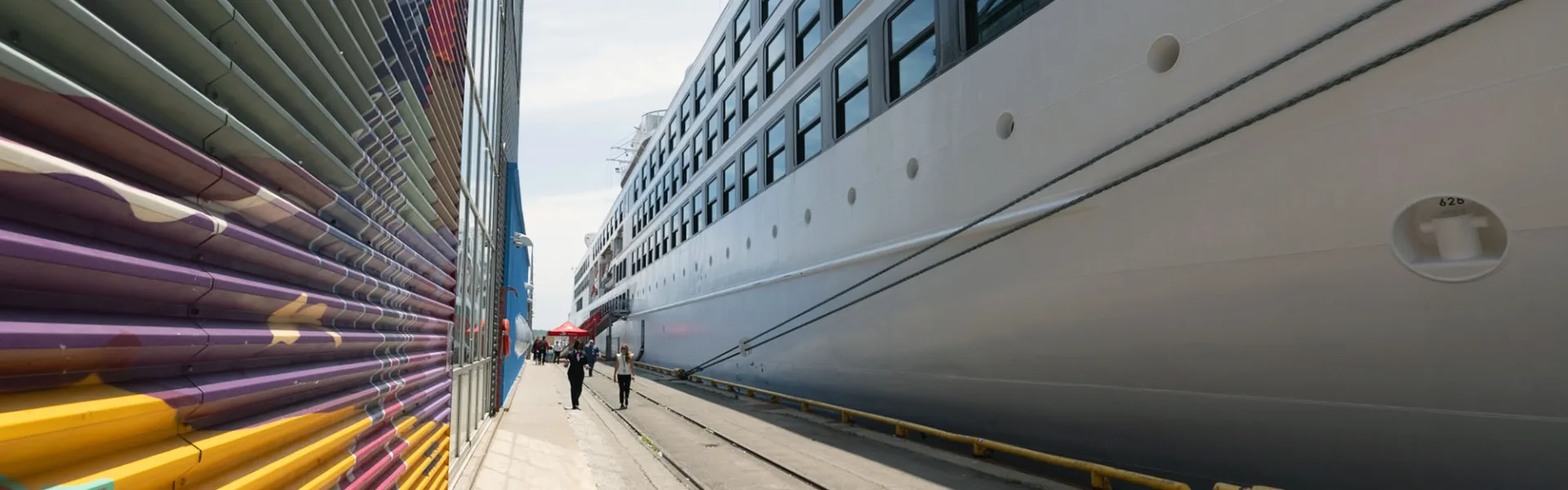 A cruise ship berthed at the Port of Toronto beside the mural-painted cruise terminal.